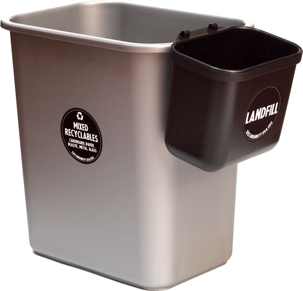 A gray deskside trash can labeled "mixed recyclables" with a smaller black sidesaddle bin labeled "landfill"
