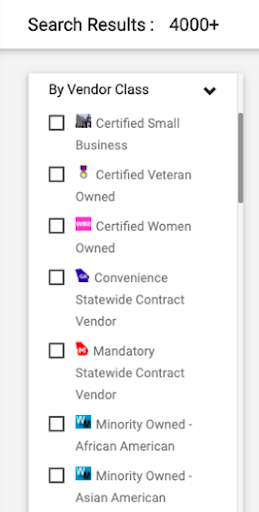 Screenshot from UGAmart showing a list of checkbox items that includes: Certified Small Busines, Certified Veteran Owned, Certified Women Owned, Minority Owned - African American, and Minority Owned - Asian American