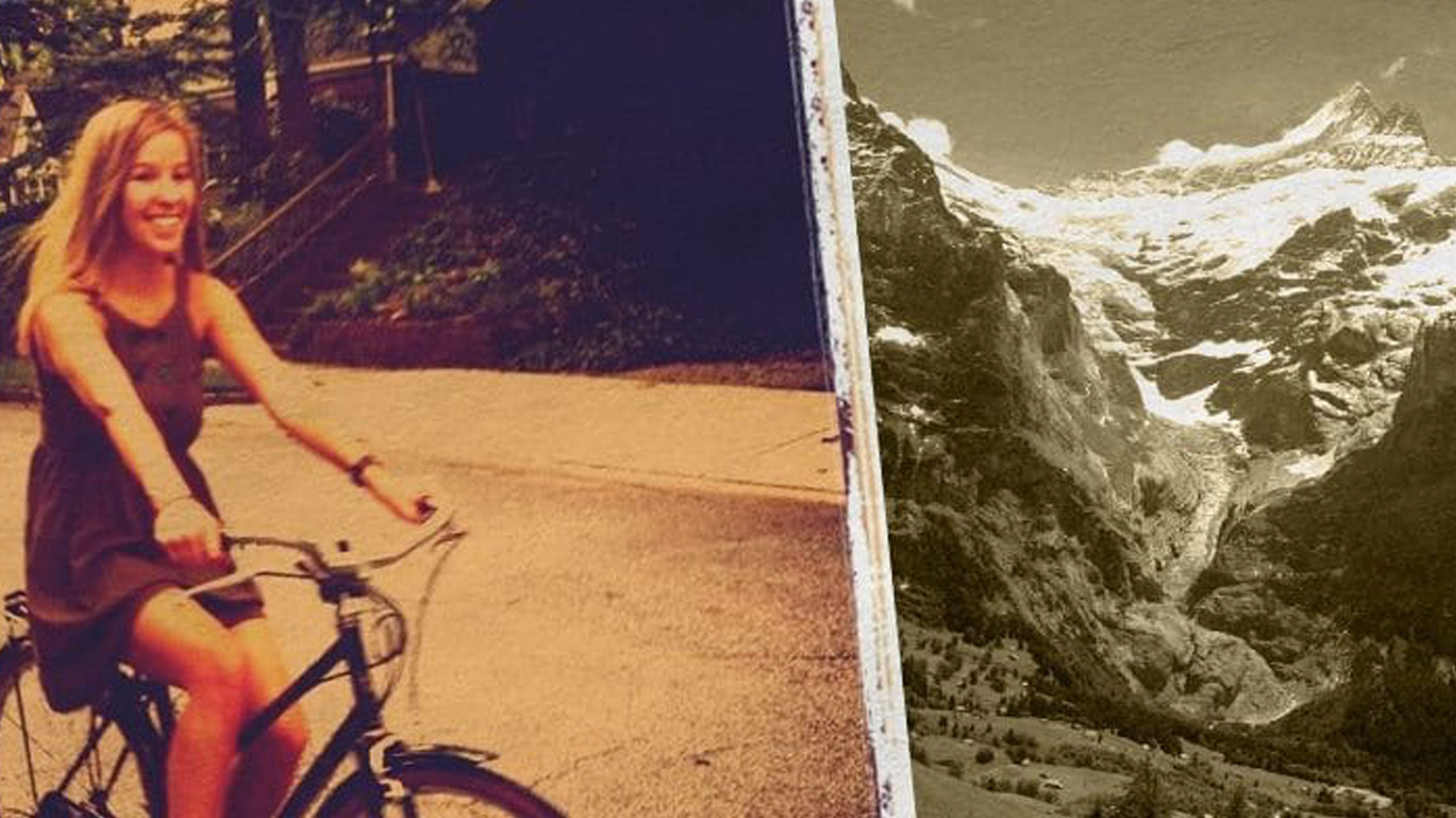 A young woman rides a bicycle, a photo of a snowy mountain in the background